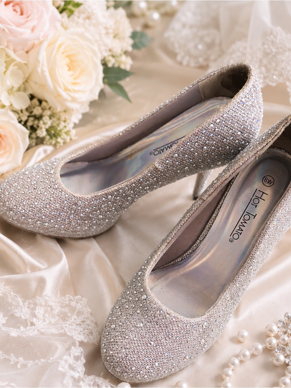Hot Tomato Iridescent Silver Glitter Rhinestone Pumps